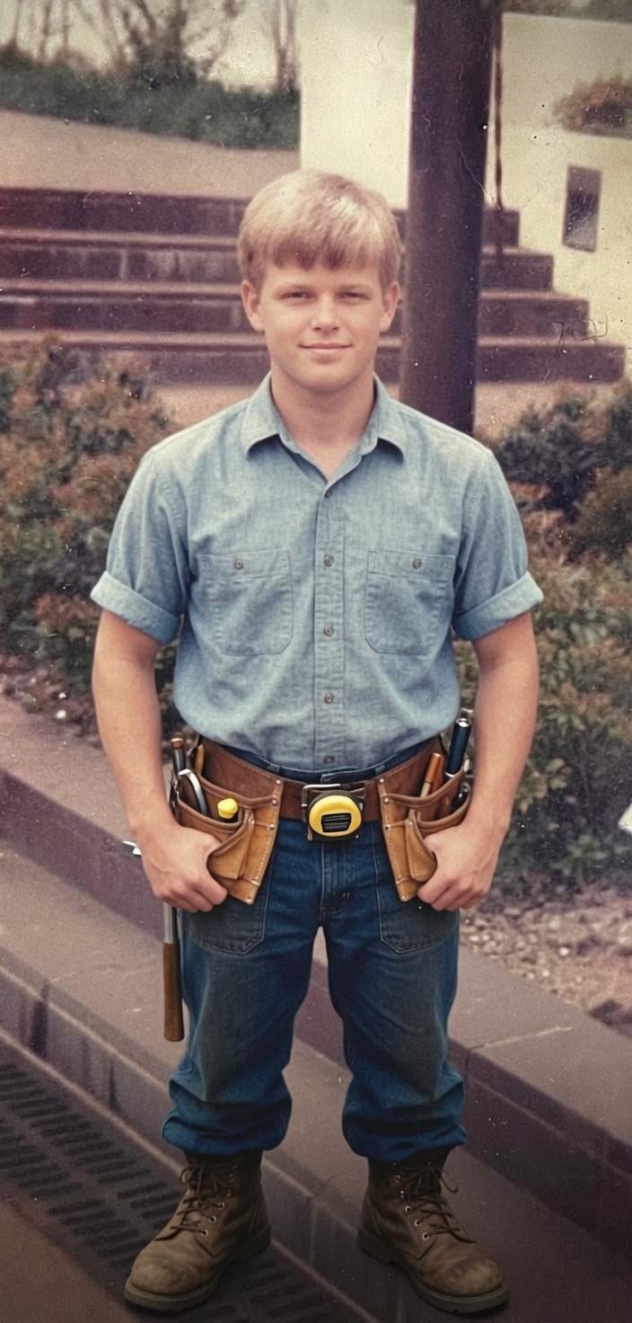 Vintage photo of the HomSubs founder in a leather tool belt
