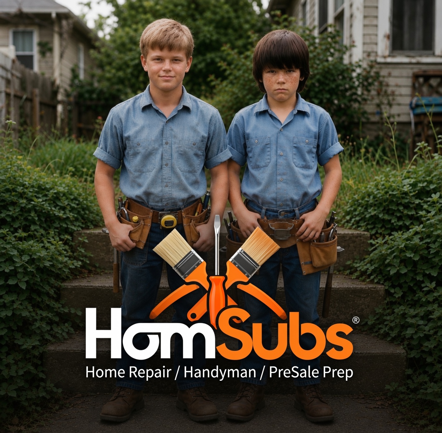 The HomSubs crew as kids in tool belts on the front steps of a Mobile Bay Area home