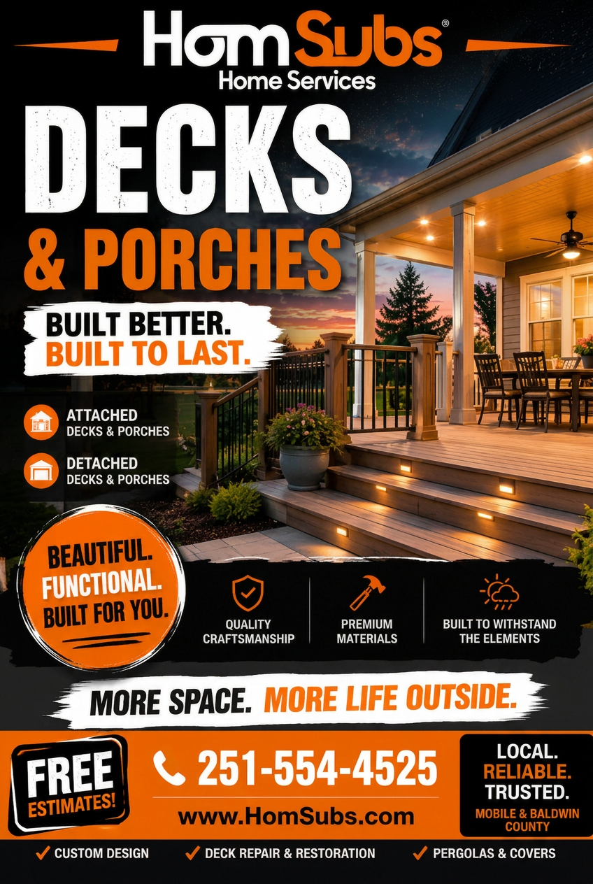 HomSubs decks and porches ad — attached and detached decks, pergolas and covers