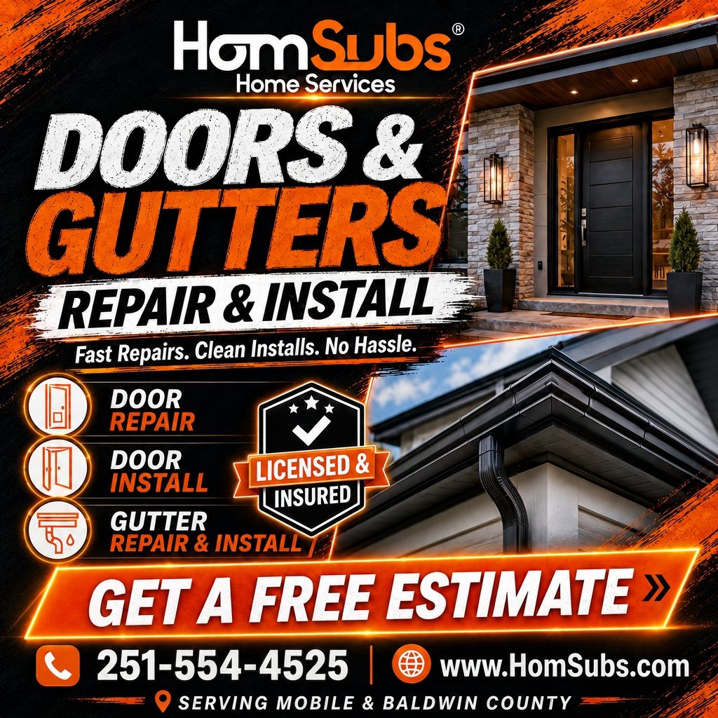 HomSubs doors and gutters ad — door repair, door install, gutter repair and install