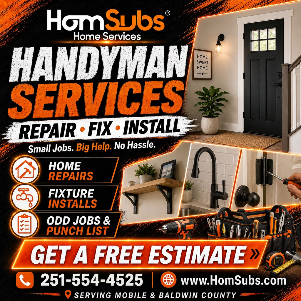 HomSubs handyman services ad — home repairs, fixture installs, odd jobs and punch lists in Mobile, AL & Baldwin County