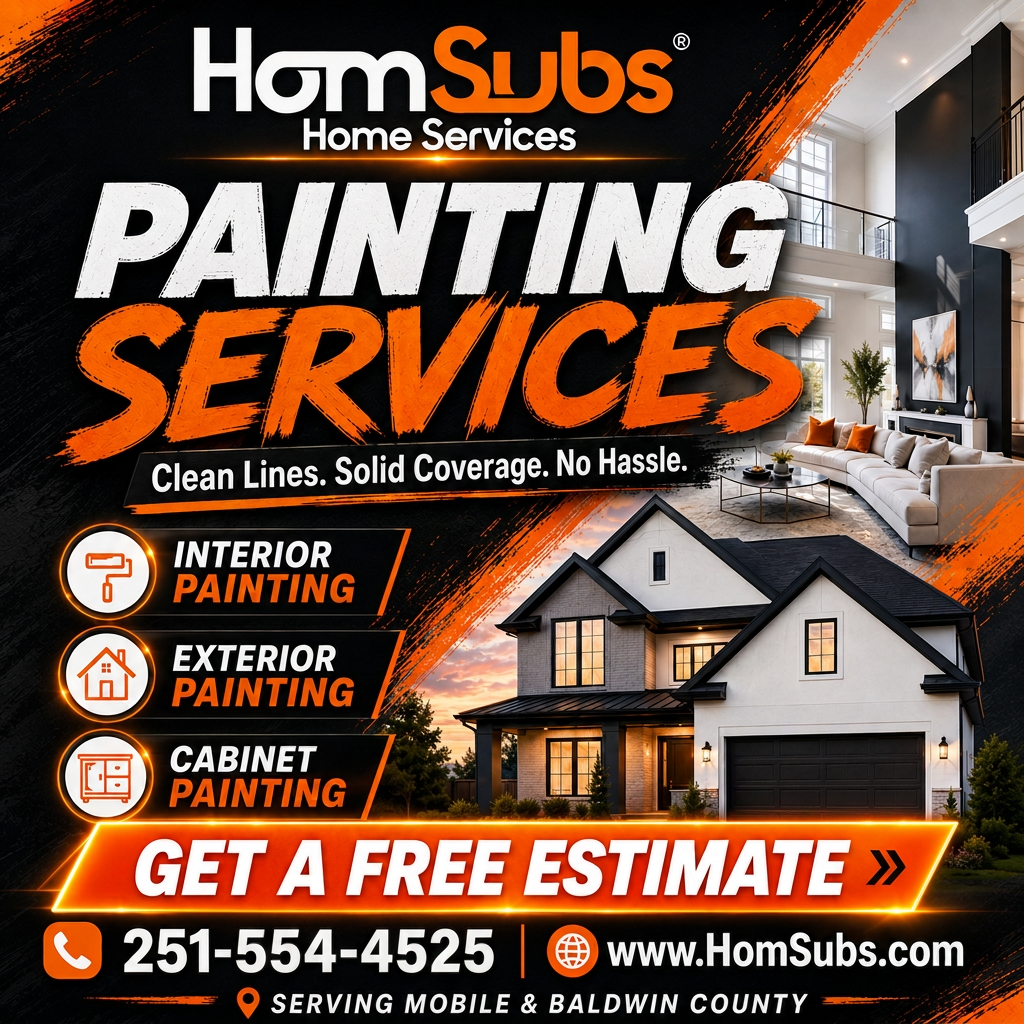 HomSubs painting services ad — interior, exterior and cabinet painting in Mobile and Baldwin County