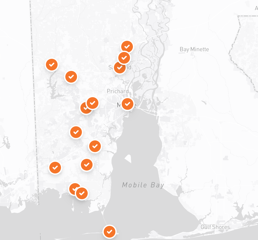 Map of HomSubs service areas across Mobile & Baldwin County, Alabama